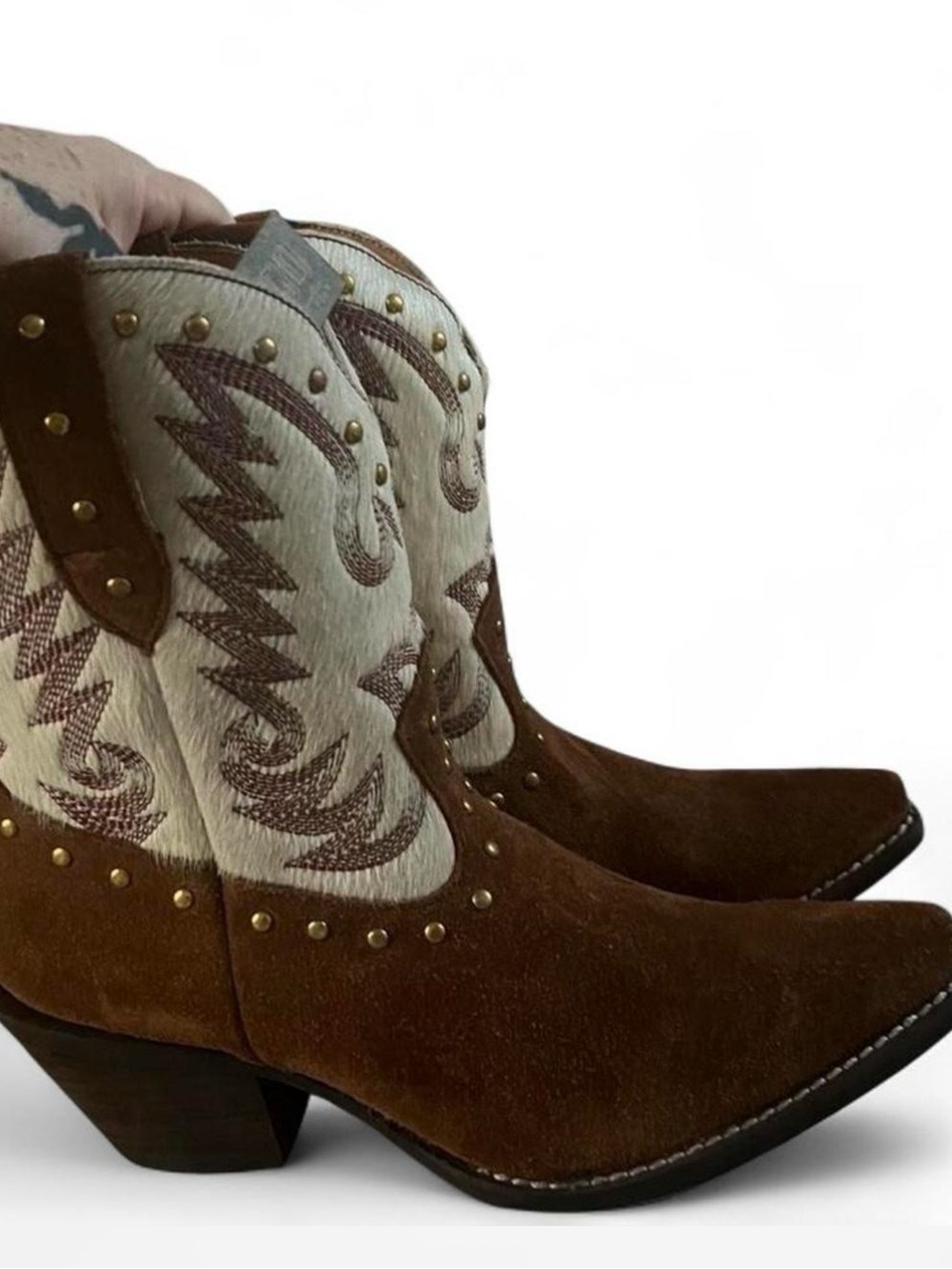 dingo Brown and Cream Western Studded Suede Ankle Booties